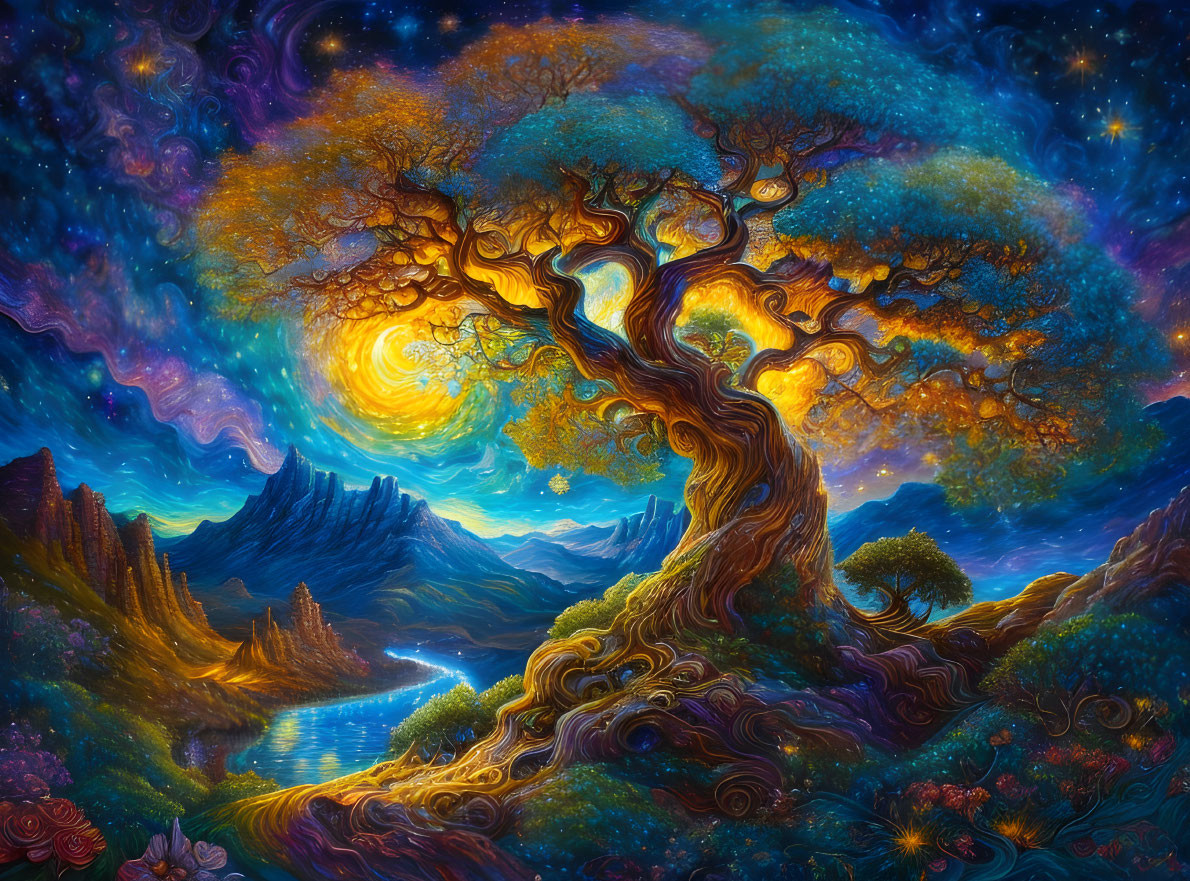 Fantasy landscape with large twisted tree, starry sky, mountains, river, and colorful flora