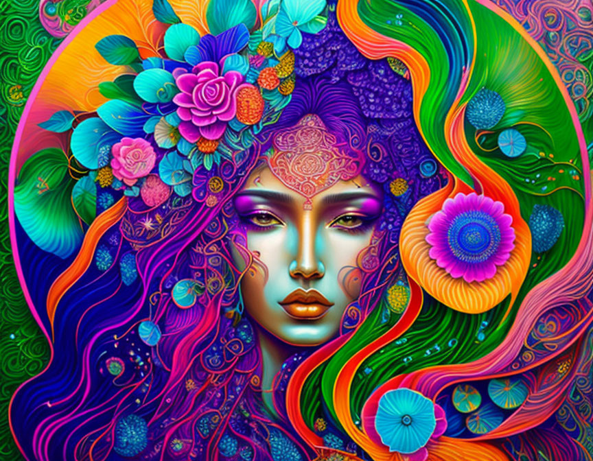 Colorful Woman's Face Artwork with Floral Hair & Patterns in Purple, Green, and Orange