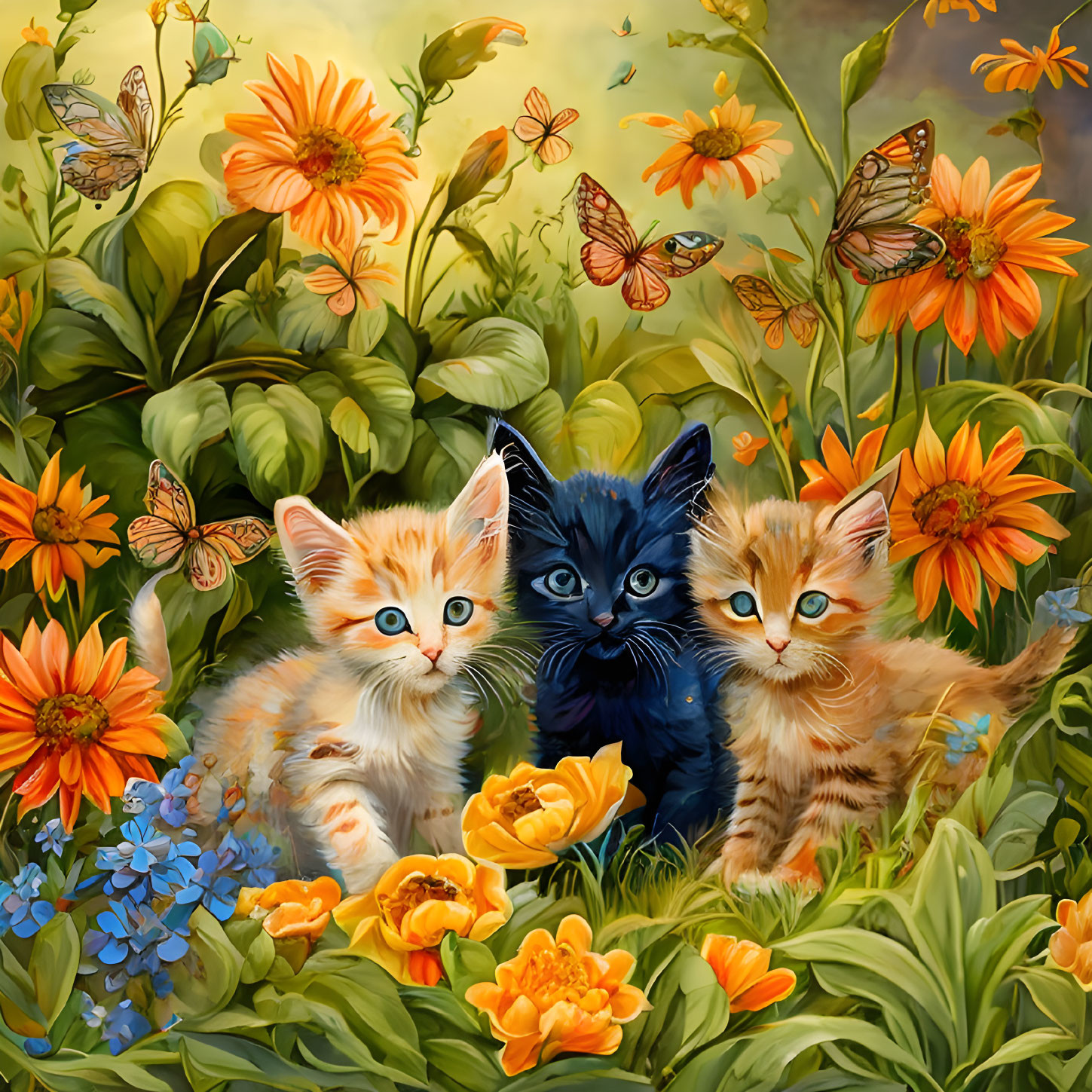 Adorable Kittens with Orange Flowers and Butterflies