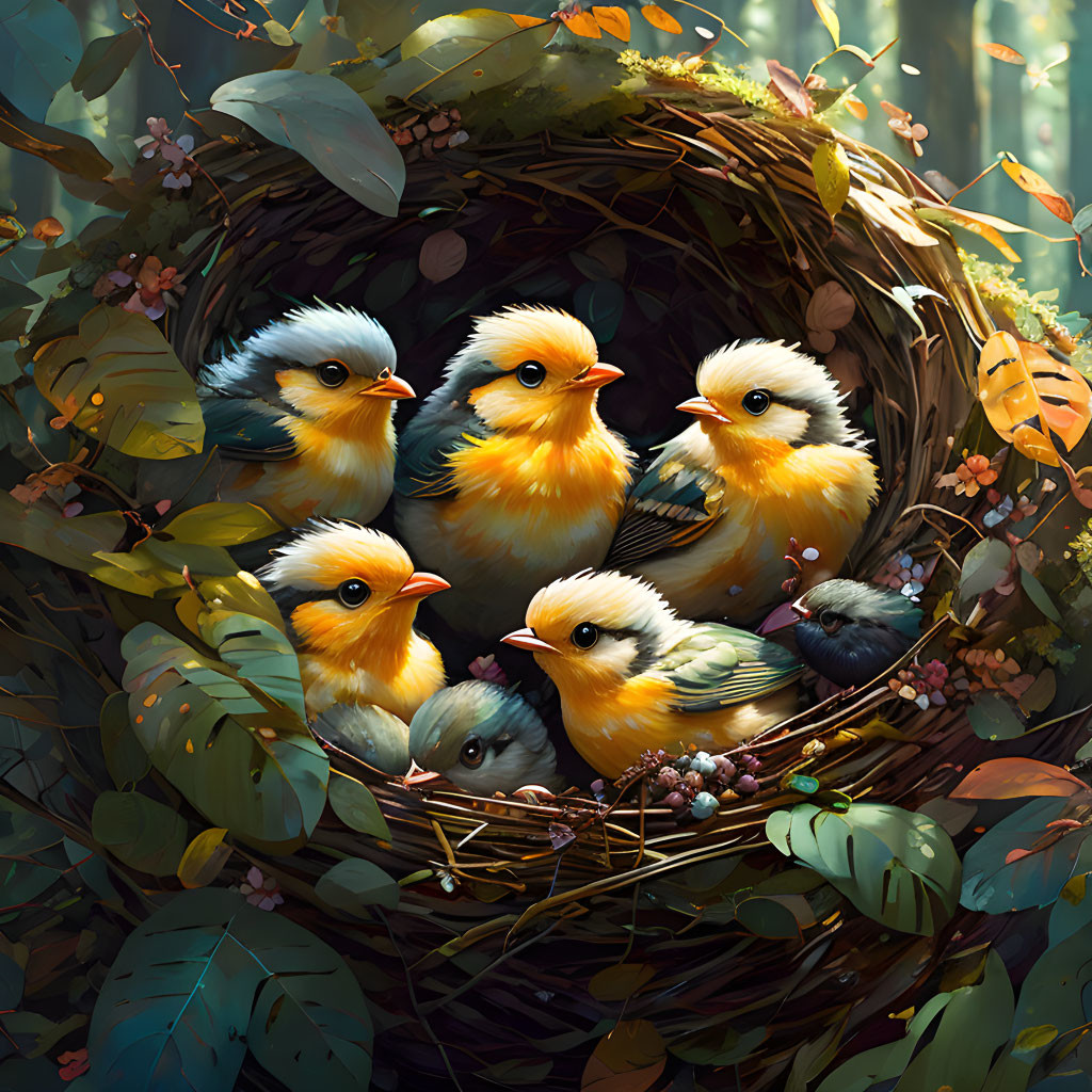 Seven cartoon chicks in nest with leaves and berries under soft light