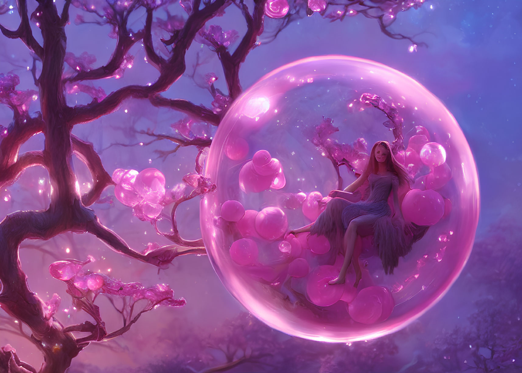 Whimsical artwork of woman in bubble with pink tree under purple sky