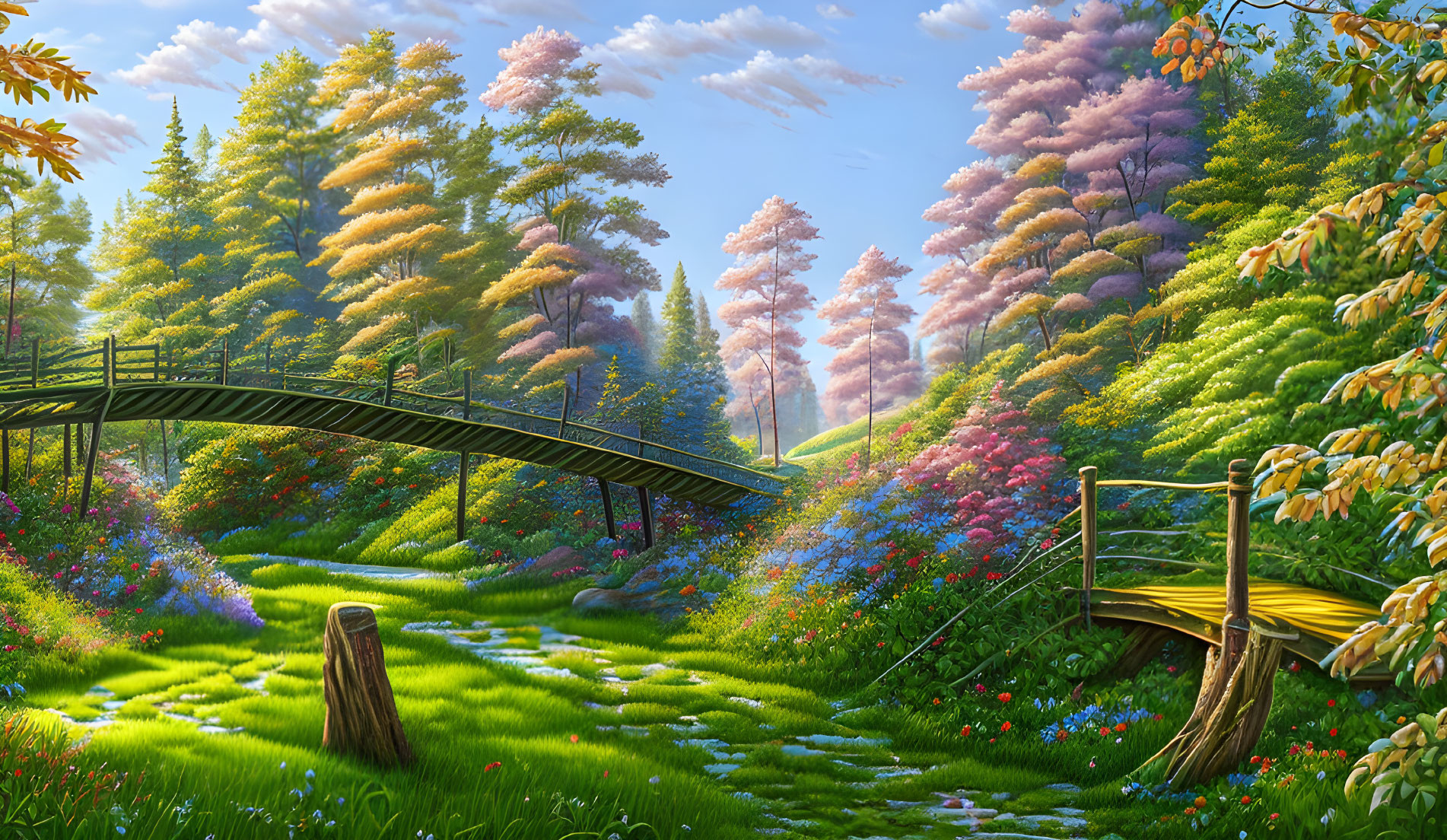 Lush Greenery, Flowering Trees, Wooden Bridge, and Vibrant Flowers