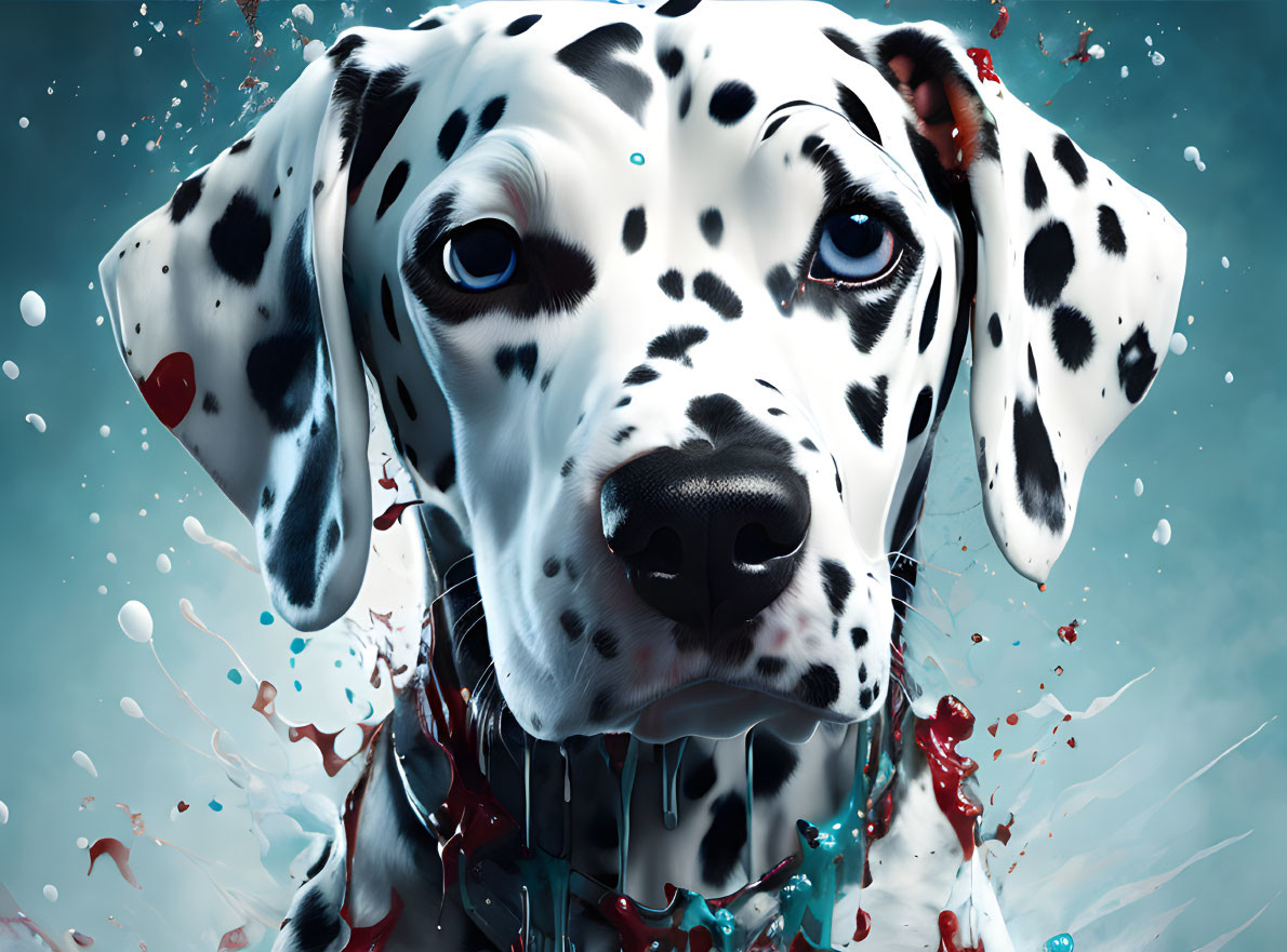 Close-up Dalmatian with blue eyes in red and white paint backdrop