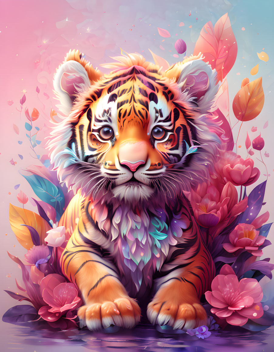 Vibrant Tiger Cub with Flowers and Leaves in Whimsical Scene