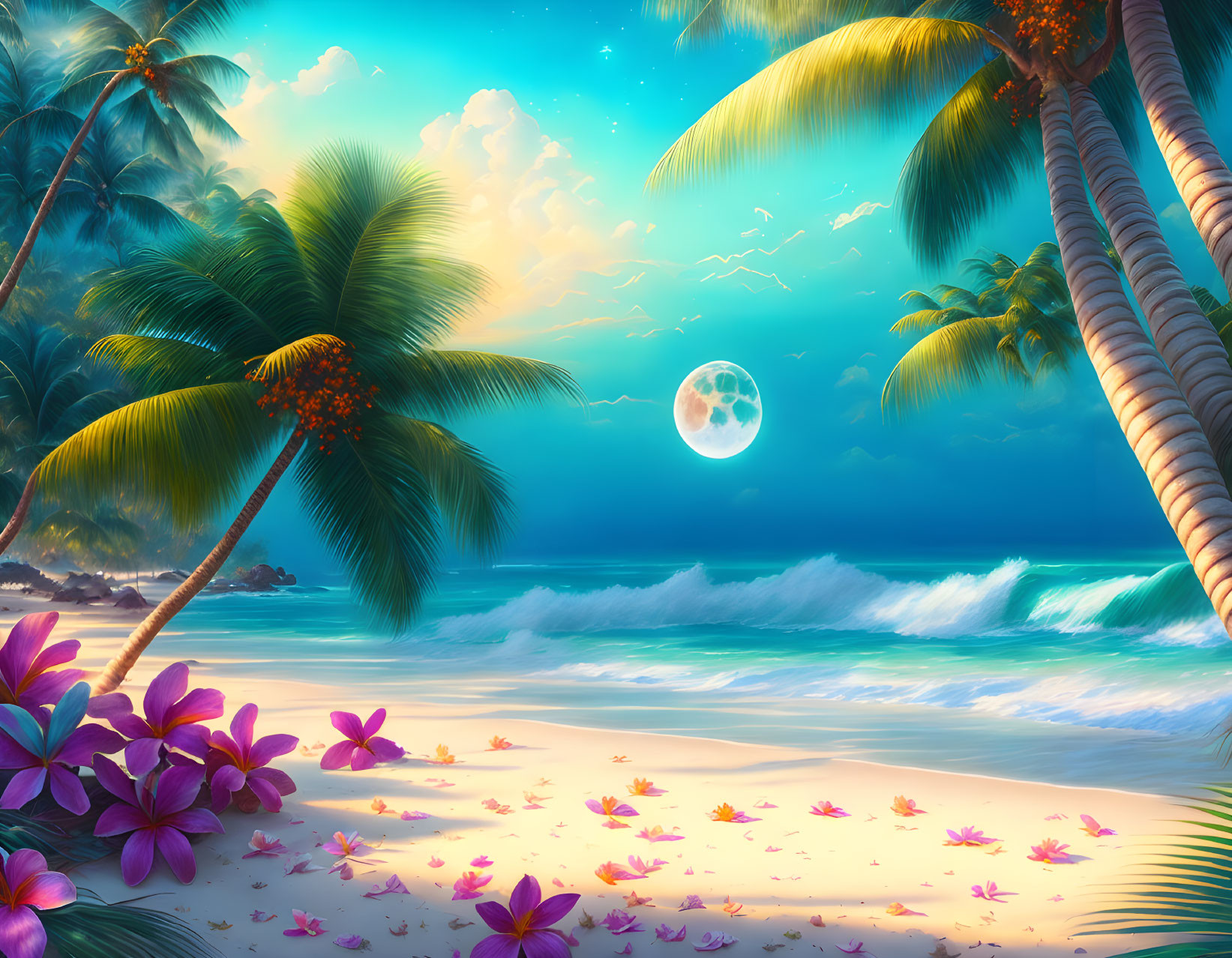 Tropical Beach Scene with Palm Trees, Flowers, Ocean Waves, and Full Moon