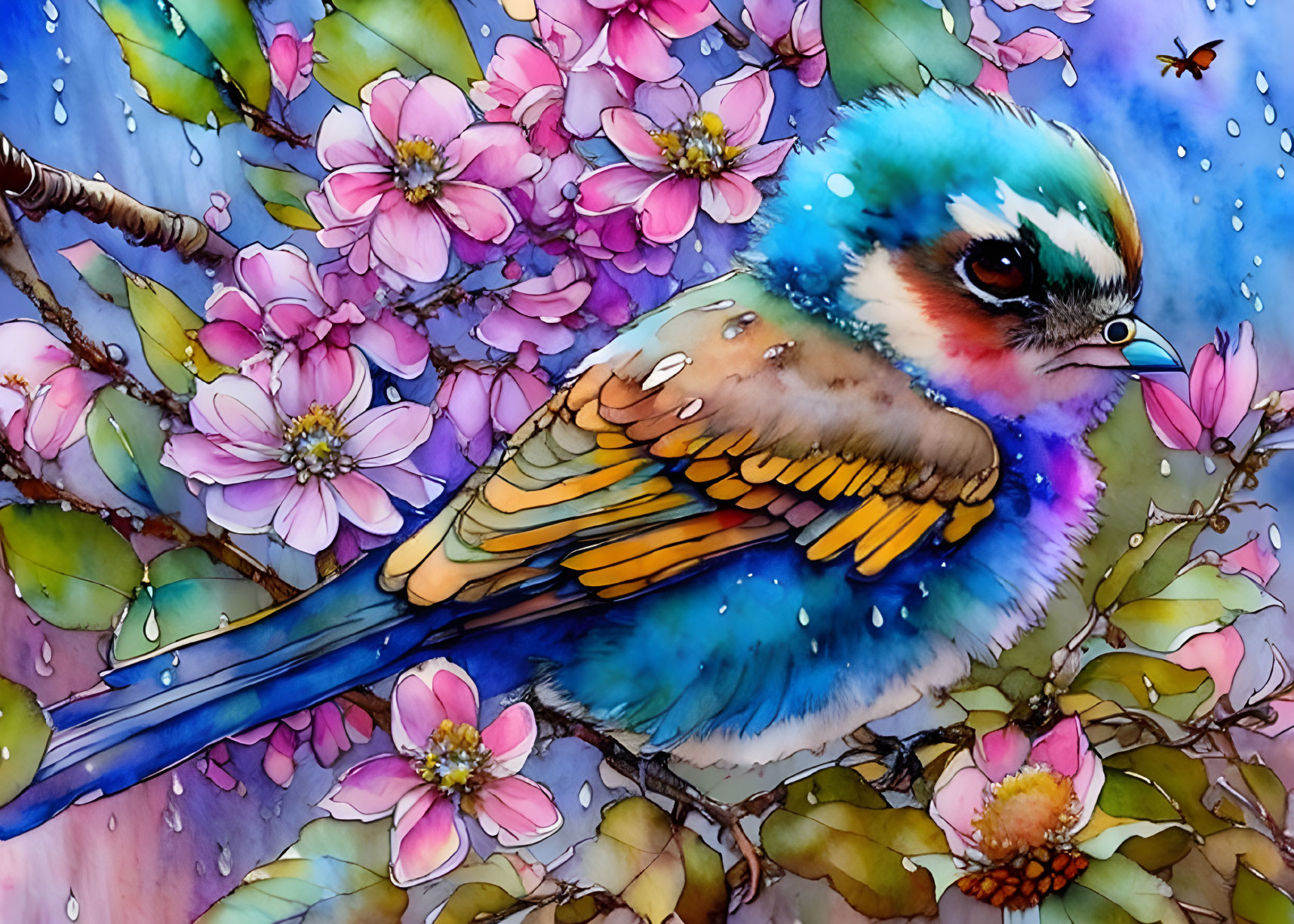 Colorful Bird Illustration Among Cherry Blossoms in Blue, Orange, and Pink