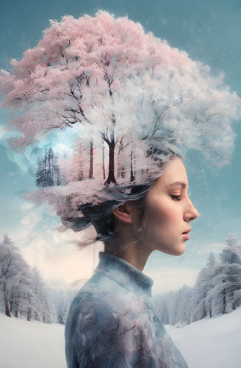 Person with tranquil expression in surreal portrait with snow-covered landscape and tree head.