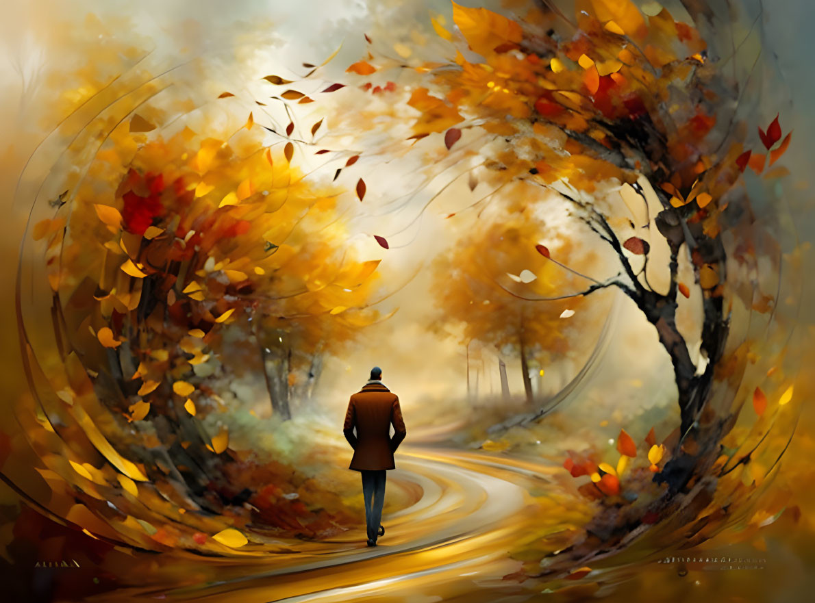 Person walking on curved road surrounded by swirling autumn leaves and golden trees.