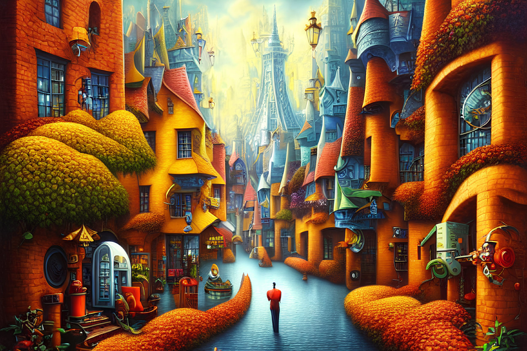 Whimsical fantasy cityscape with orange buildings, cobblestone paths, autumnal trees, and