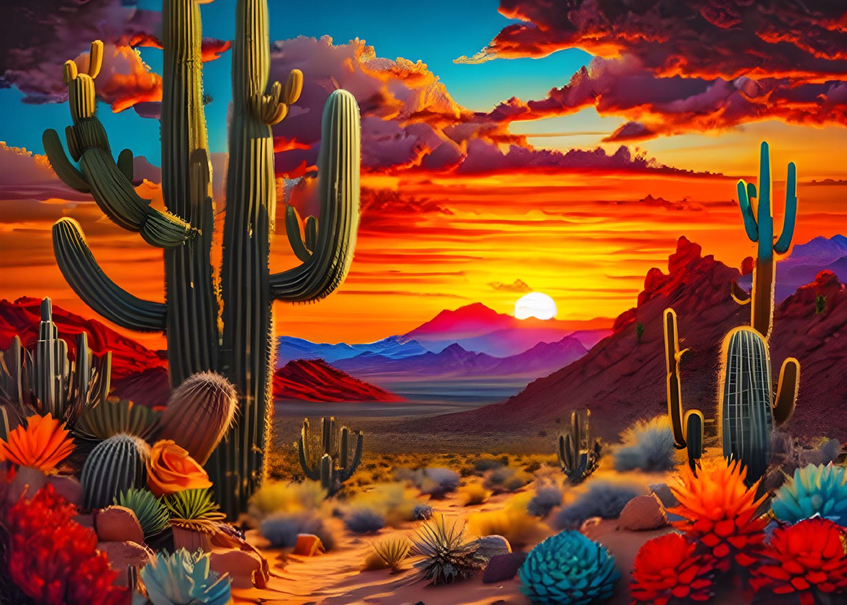 Colorful desert sunset with towering cacti, vibrant flora, and silhouetted mountains.