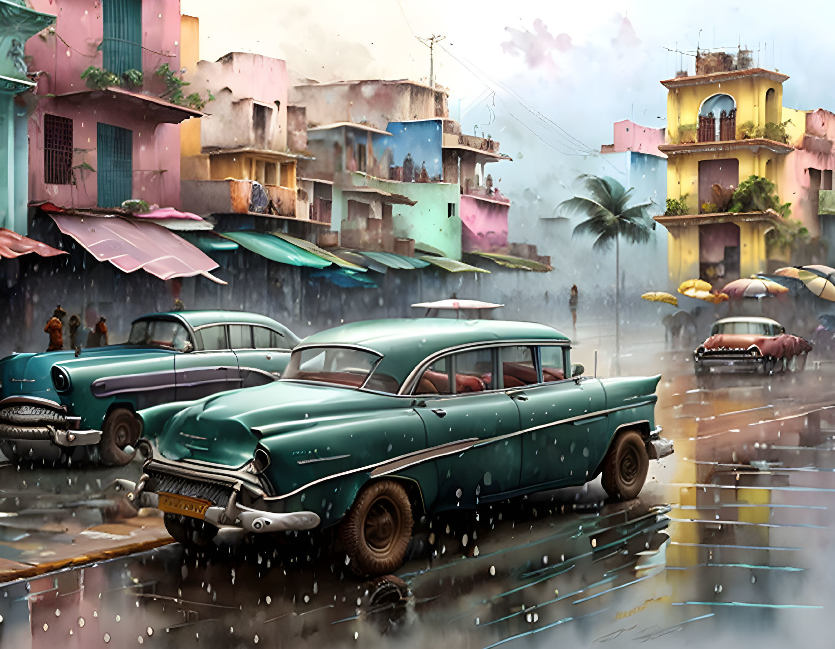 Vintage Cars Reflecting Colorful Buildings on Wet Street in Rainy Sky