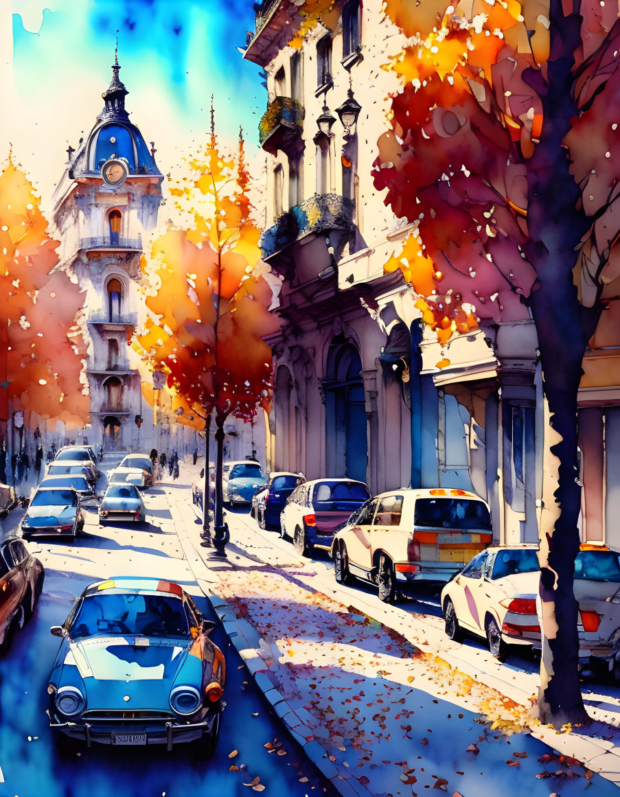 Colorful watercolor-style city street with autumn trees and classic architecture.