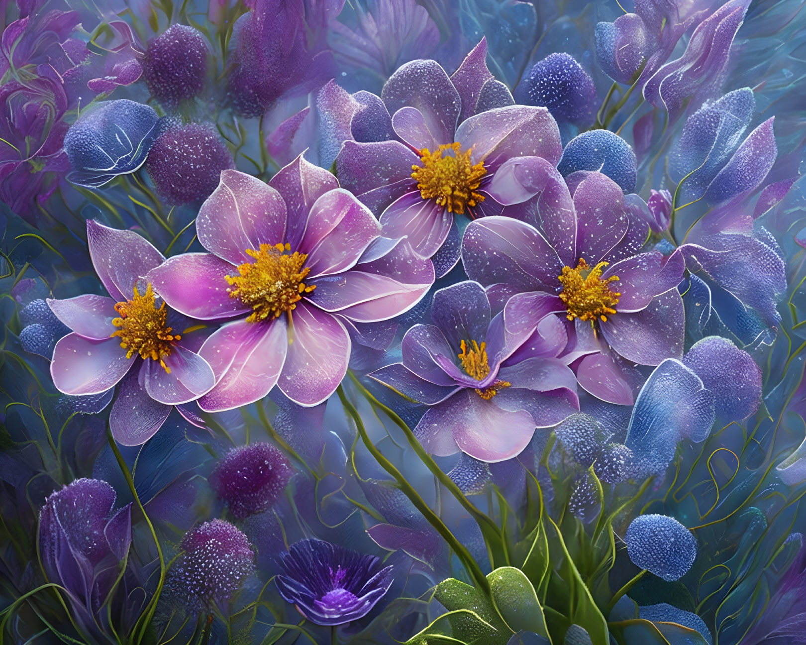 Colorful digital artwork: Purple and blue flowers with dewdrops in a mystical haze