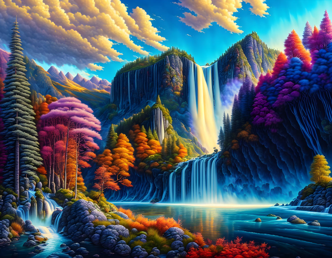 Colorful Fantasy Landscape with Waterfalls and Autumn Trees