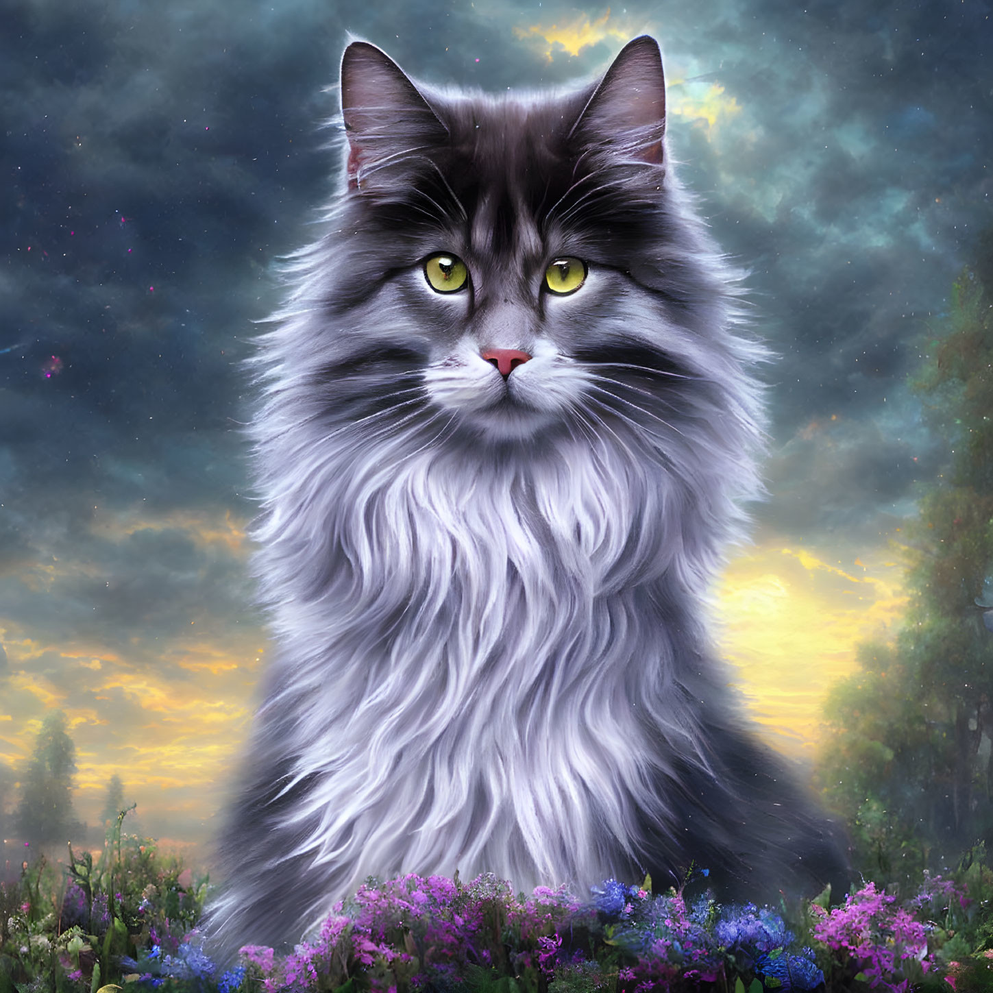 Long-Haired Cat with Green Eyes in Meadow Under Twilight Sky