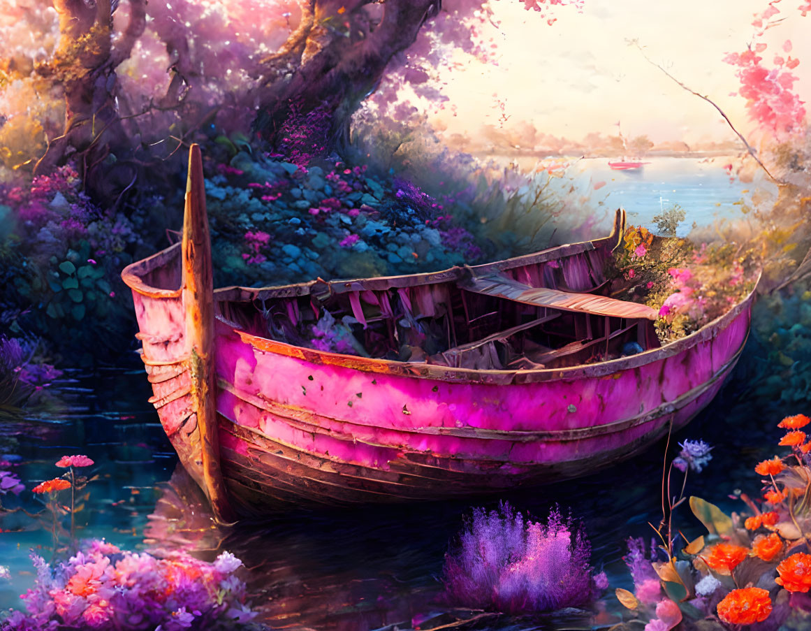 Pink wooden boat with flowers in tranquil river at sunset