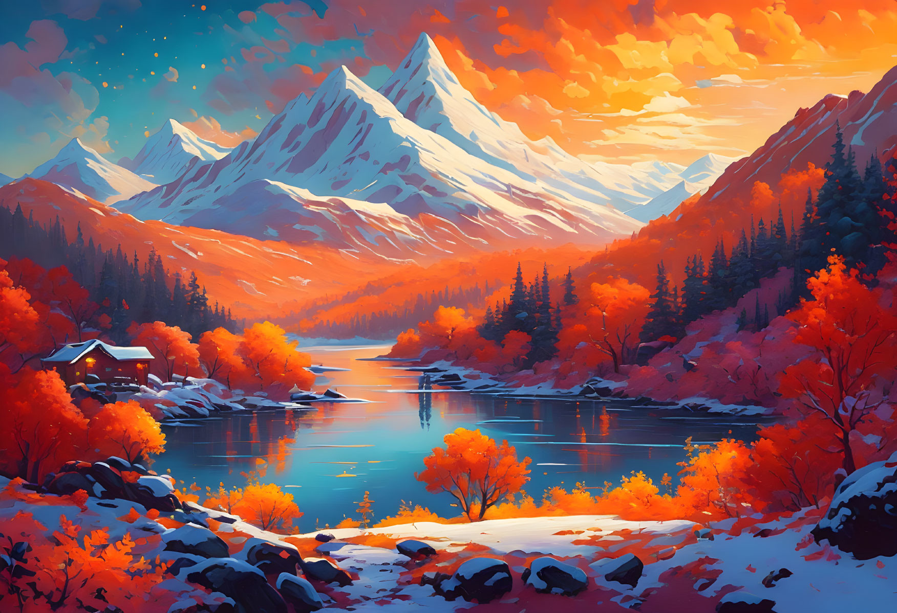 Scenic autumn landscape with lake, cabin, mountains, and starry sky