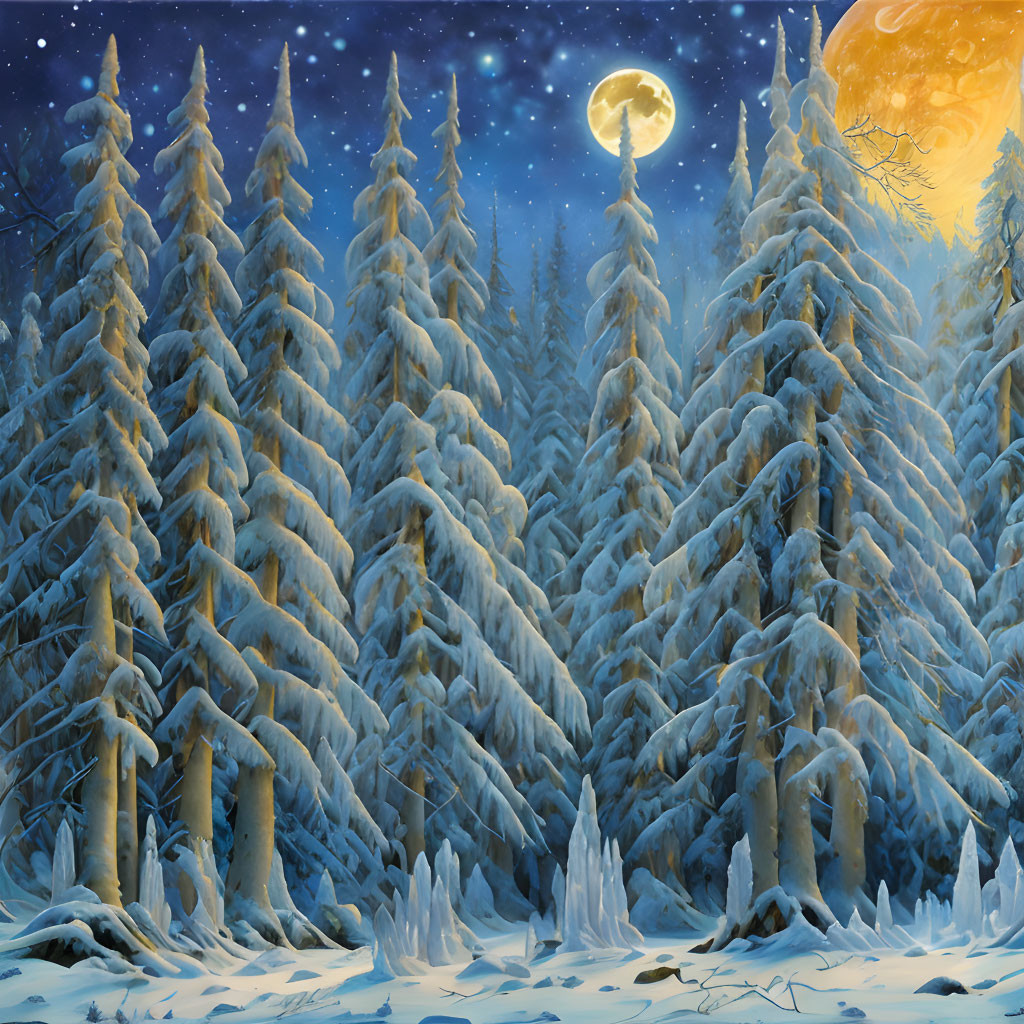 Snowy pine forest at twilight under full moon and falling snowflakes