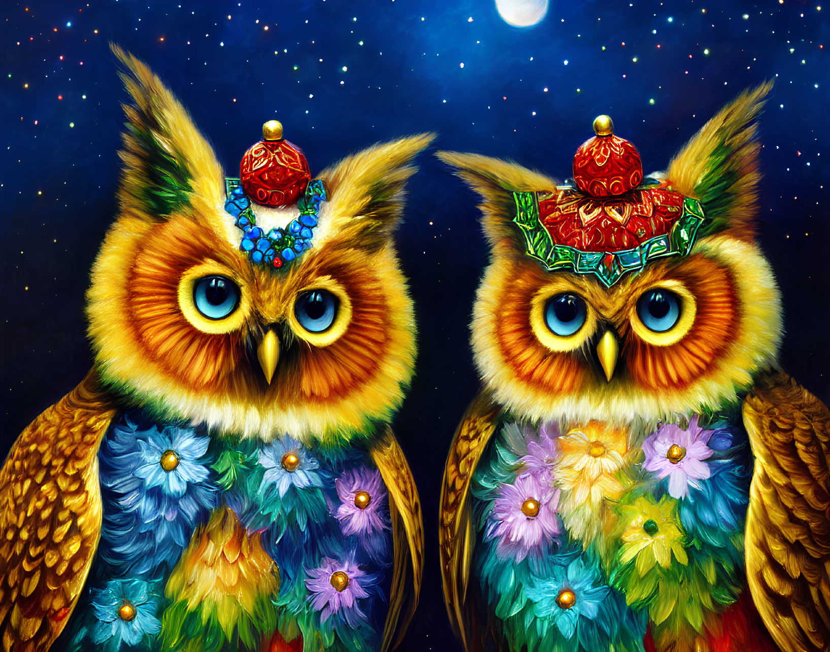 Colorful Owls with Decorated Hats on Starry Night Background