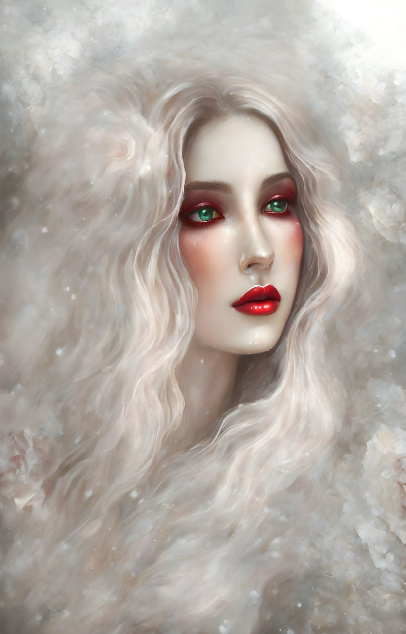 Pale woman with red eyes and lips in misty background portrait.