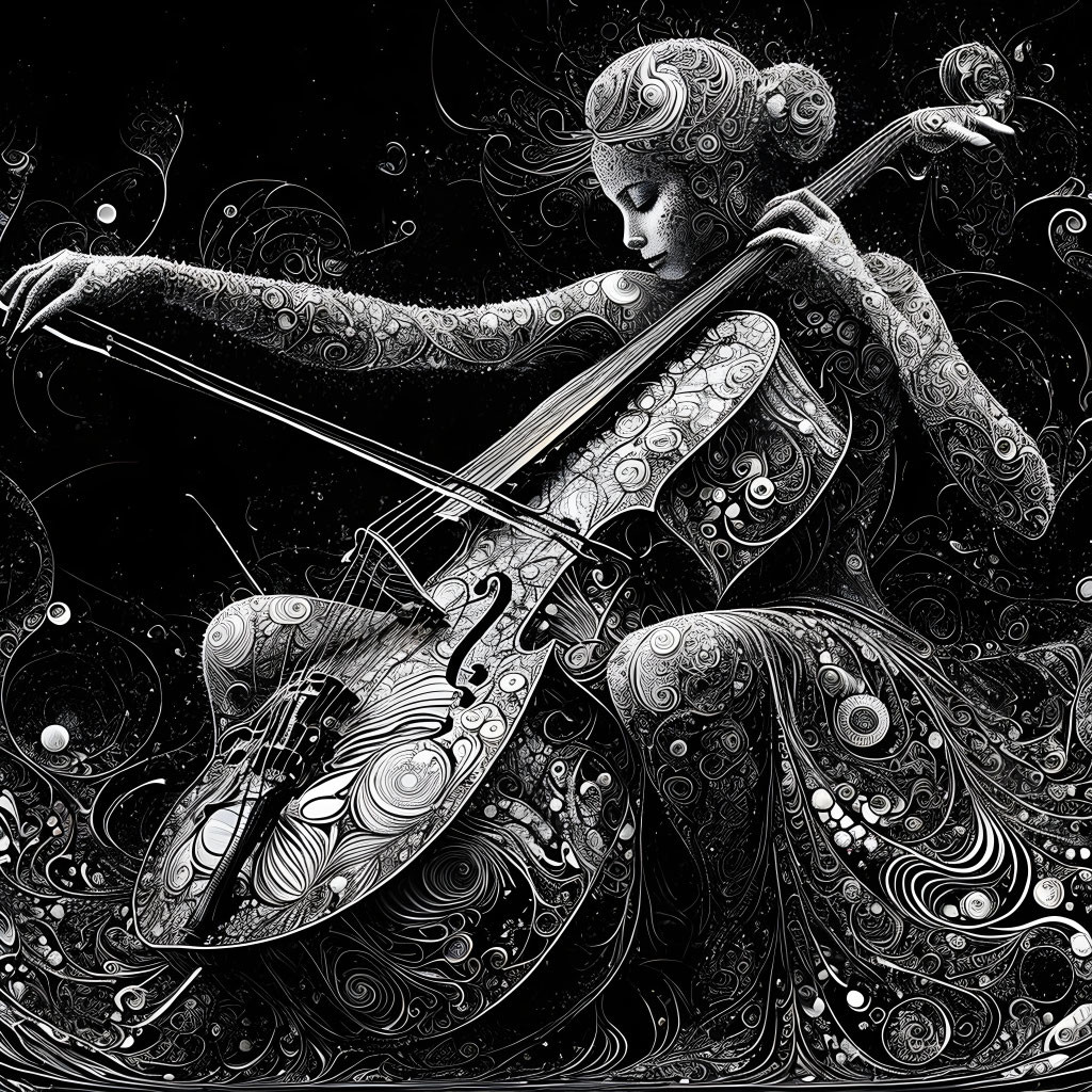 Monochromatic artwork featuring person playing cello