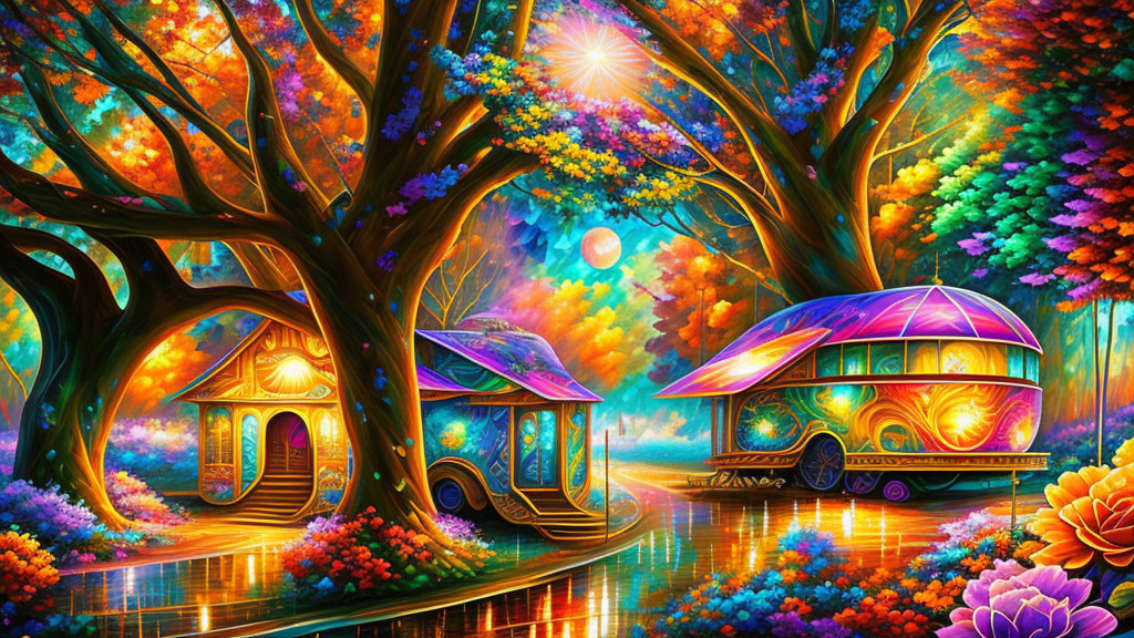 Fantasy forest with whimsical treehouses and glowing pathways