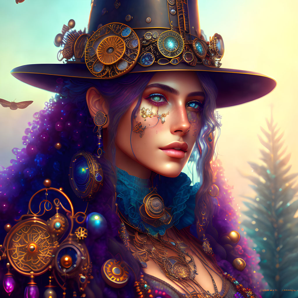 Digital painting of woman with blue eyes in steampunk-style attire with mechanical dragonfly.