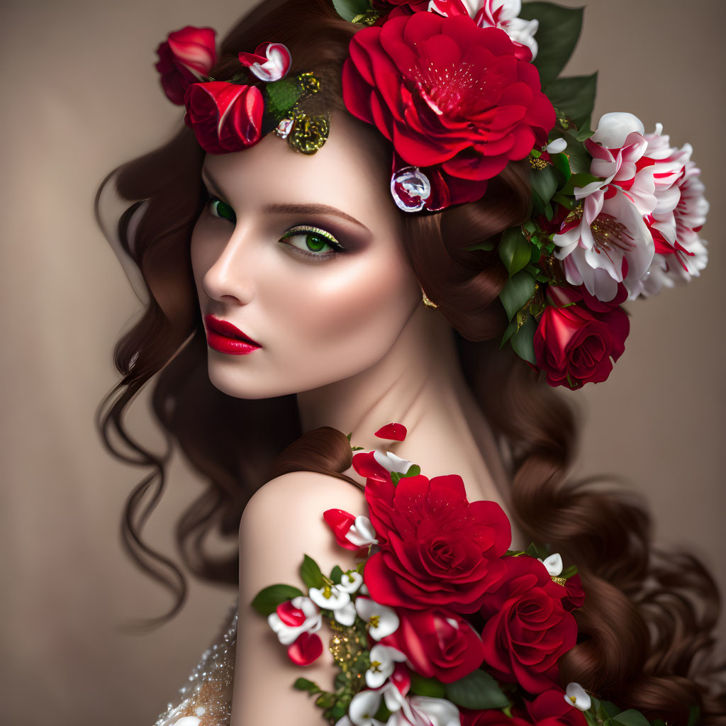 Woman with Floral Headpiece and Wavy Brown Hair