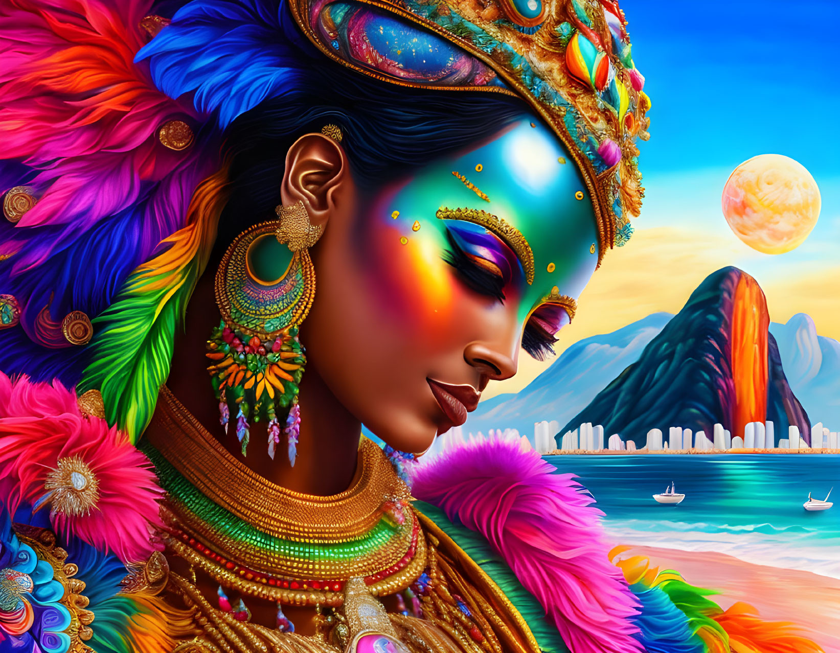 Colorful makeup woman with feathers and jewelry in vivid seascape