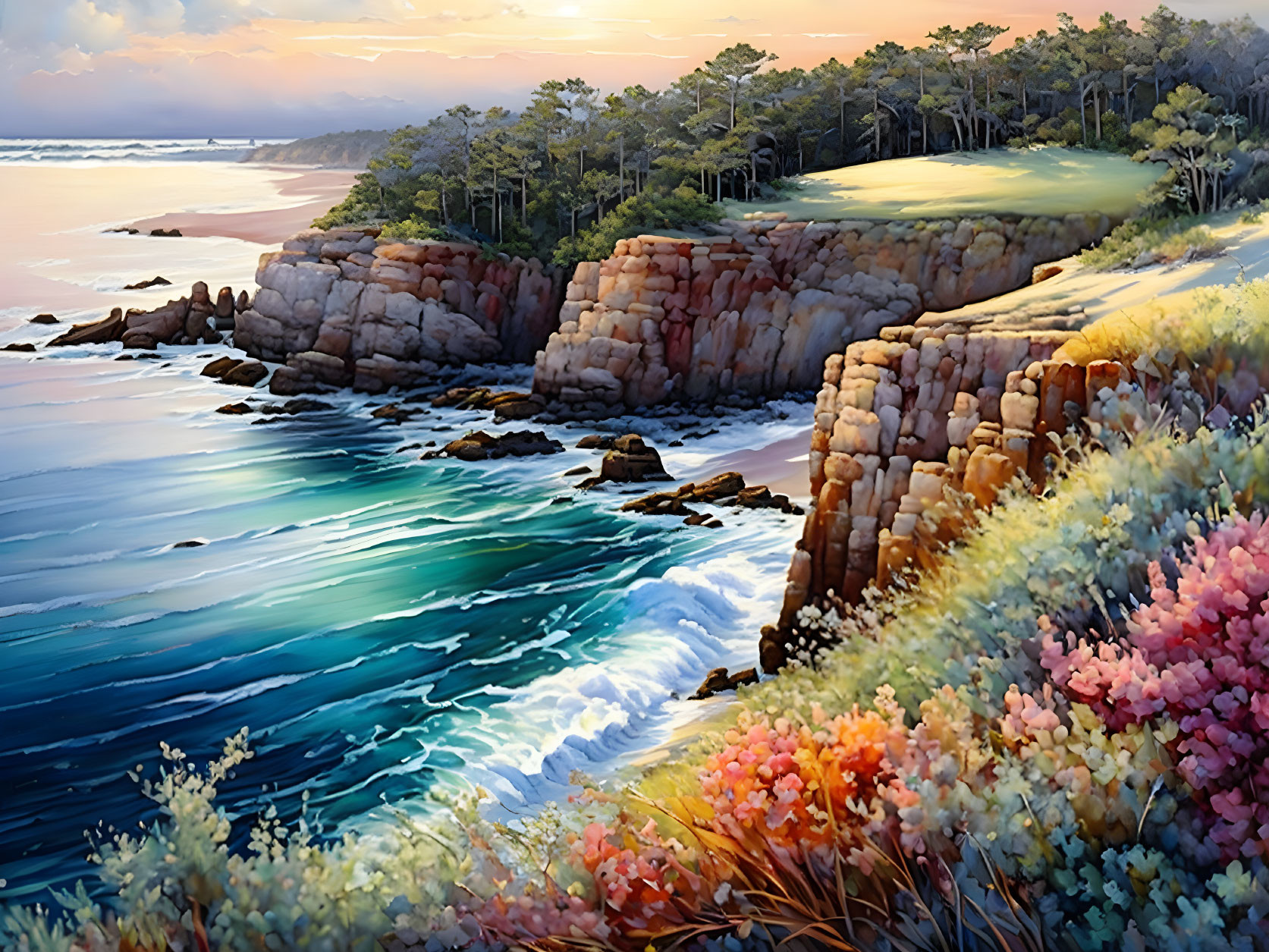 Rocky coastline, crashing waves, wildflowers, golf course in soft sunlight