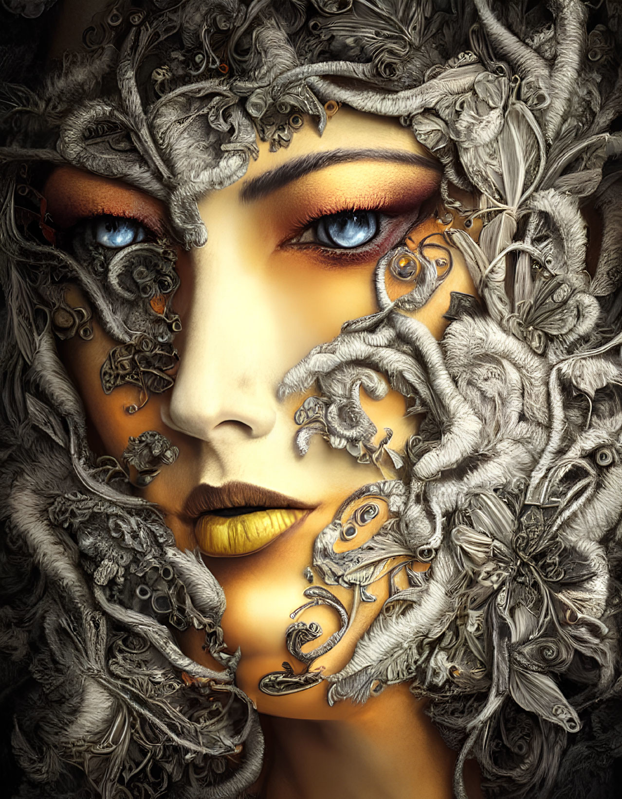 Digital artwork: Woman's face with metallic floral patterns.