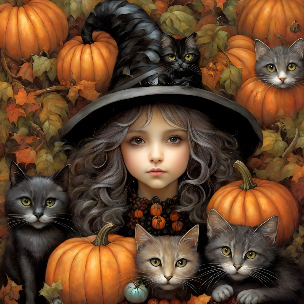 Curly-haired girl with pumpkins, cats, and autumn leaves scene