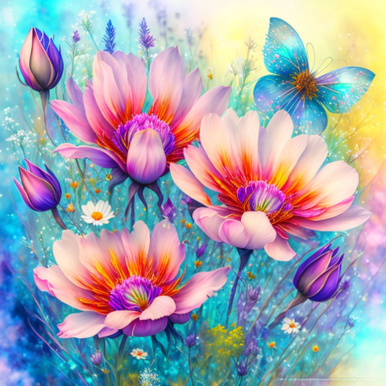 Colorful digital artwork: whimsical flowers, blue butterfly, dreamy background