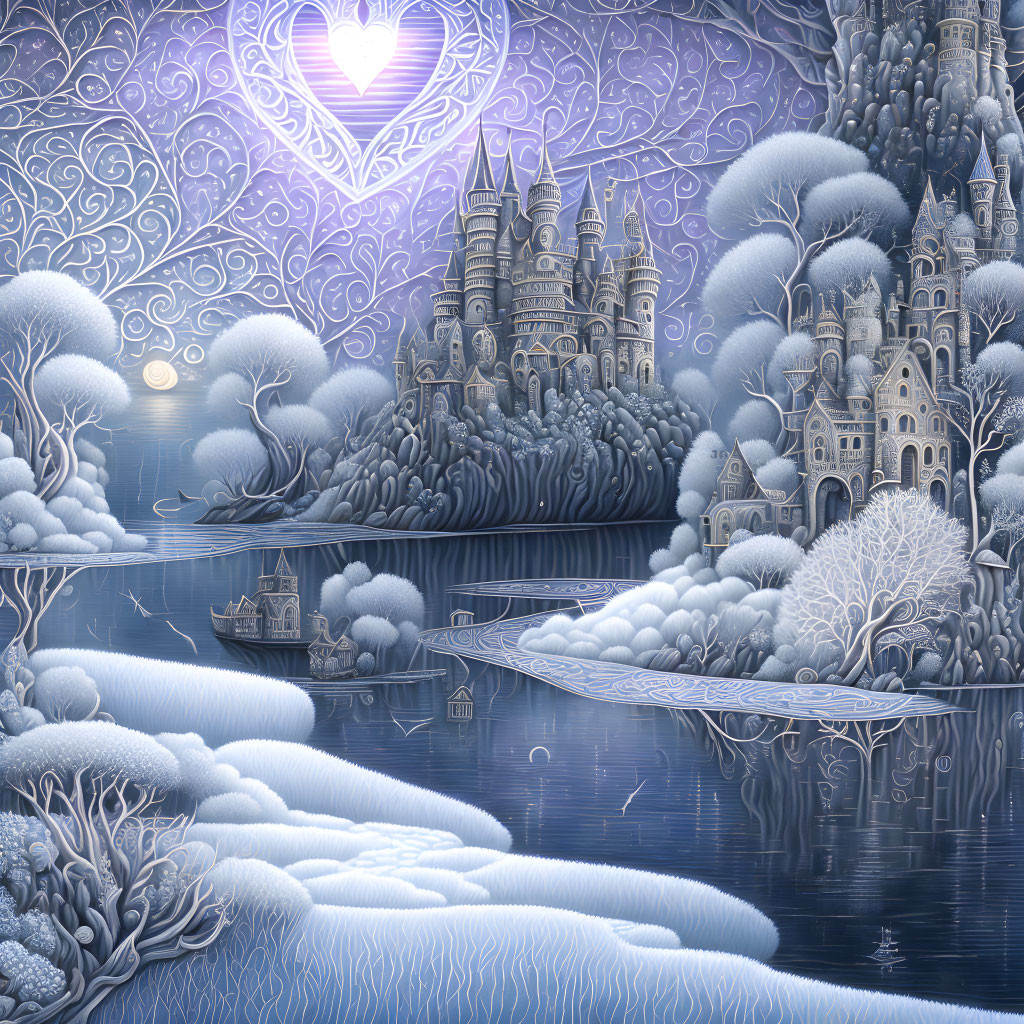 Detailed night scene with castles, heart-shaped trees, serene lake, and radiant sky heart.