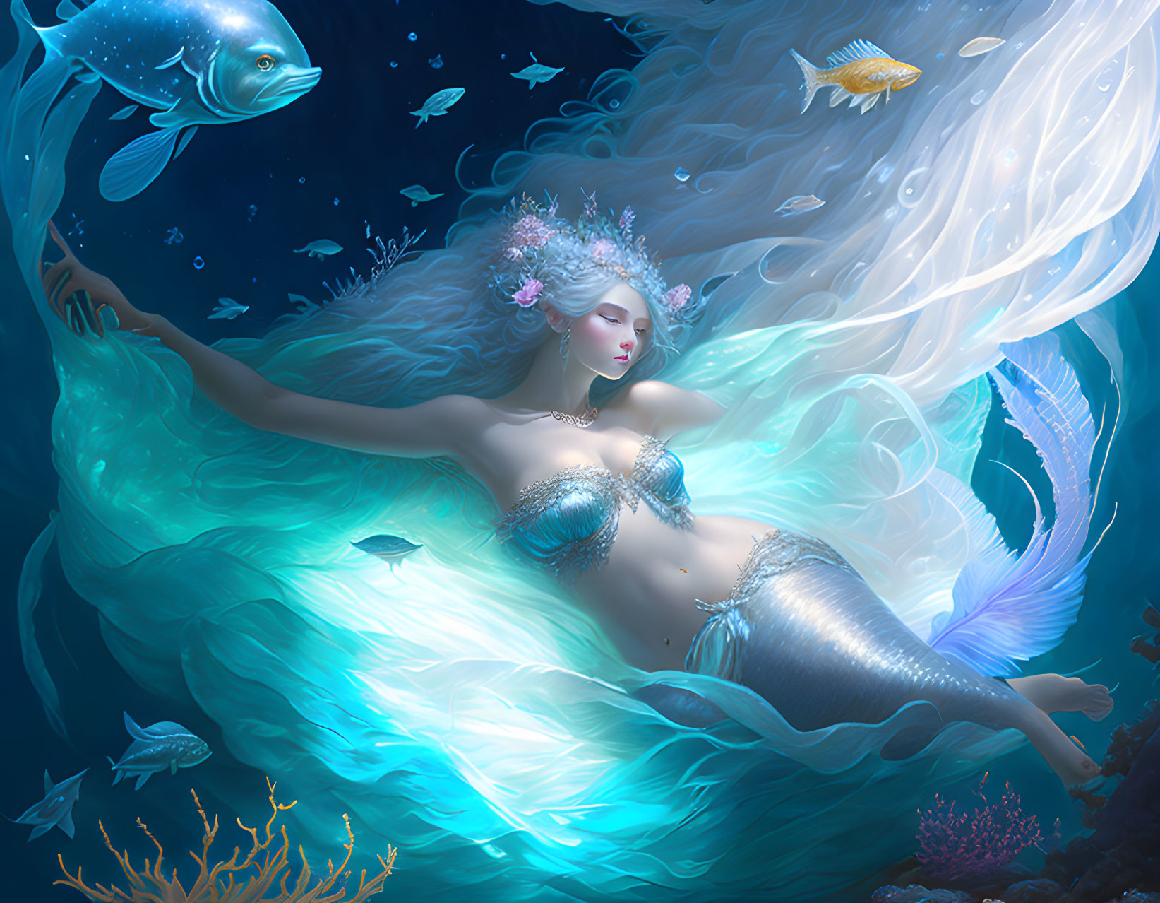 Ethereal mermaid with flowing hair surrounded by jellyfish and fish