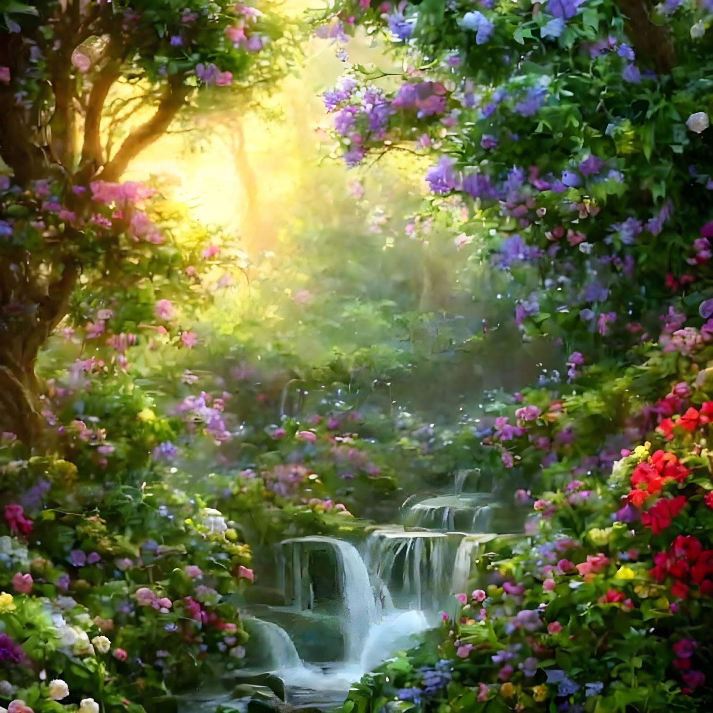 Tranquil waterfall in lush forest with blooming flowers