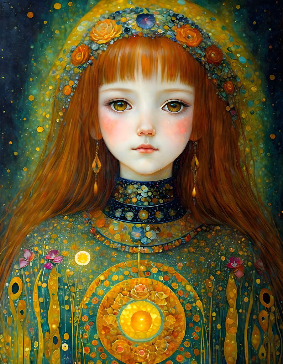 Illustration of girl in starry space with floral motifs and glowing orb.