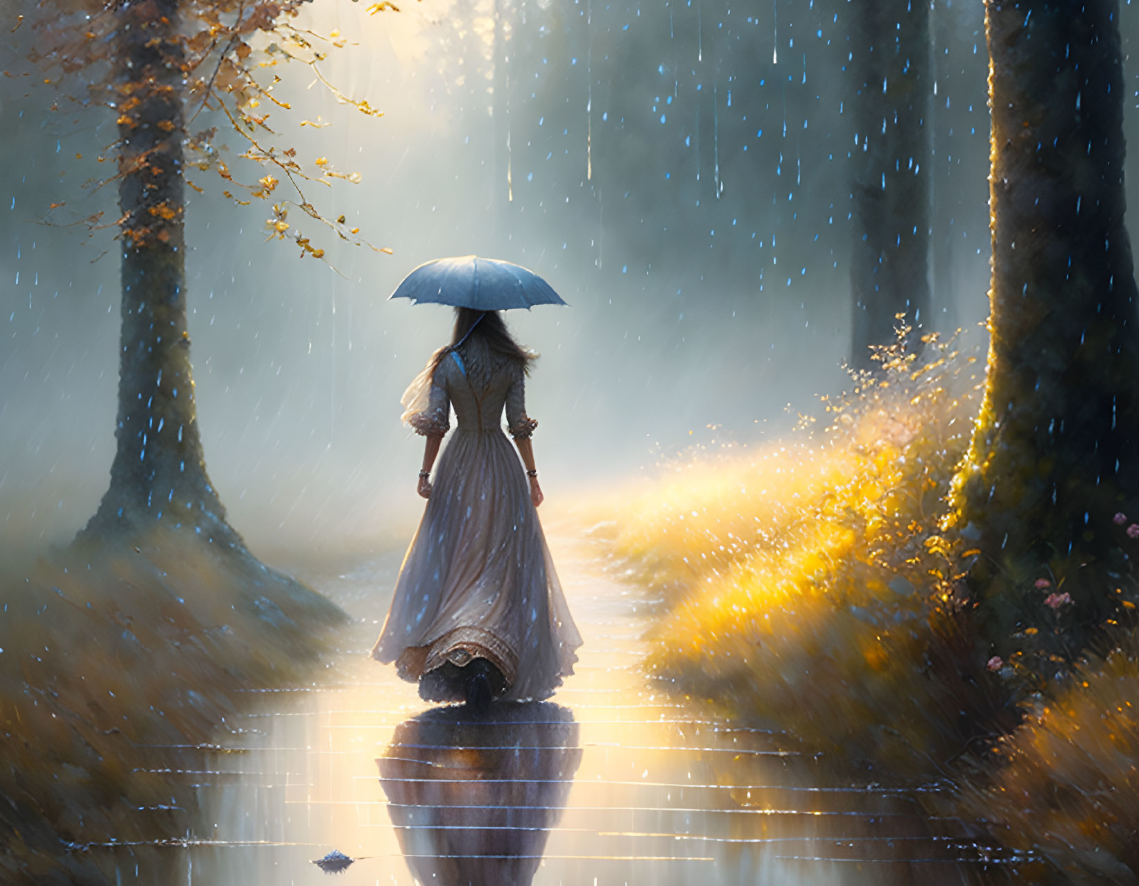 Person in Long Dress Walking Under Umbrella in Rain-Dappled Forest