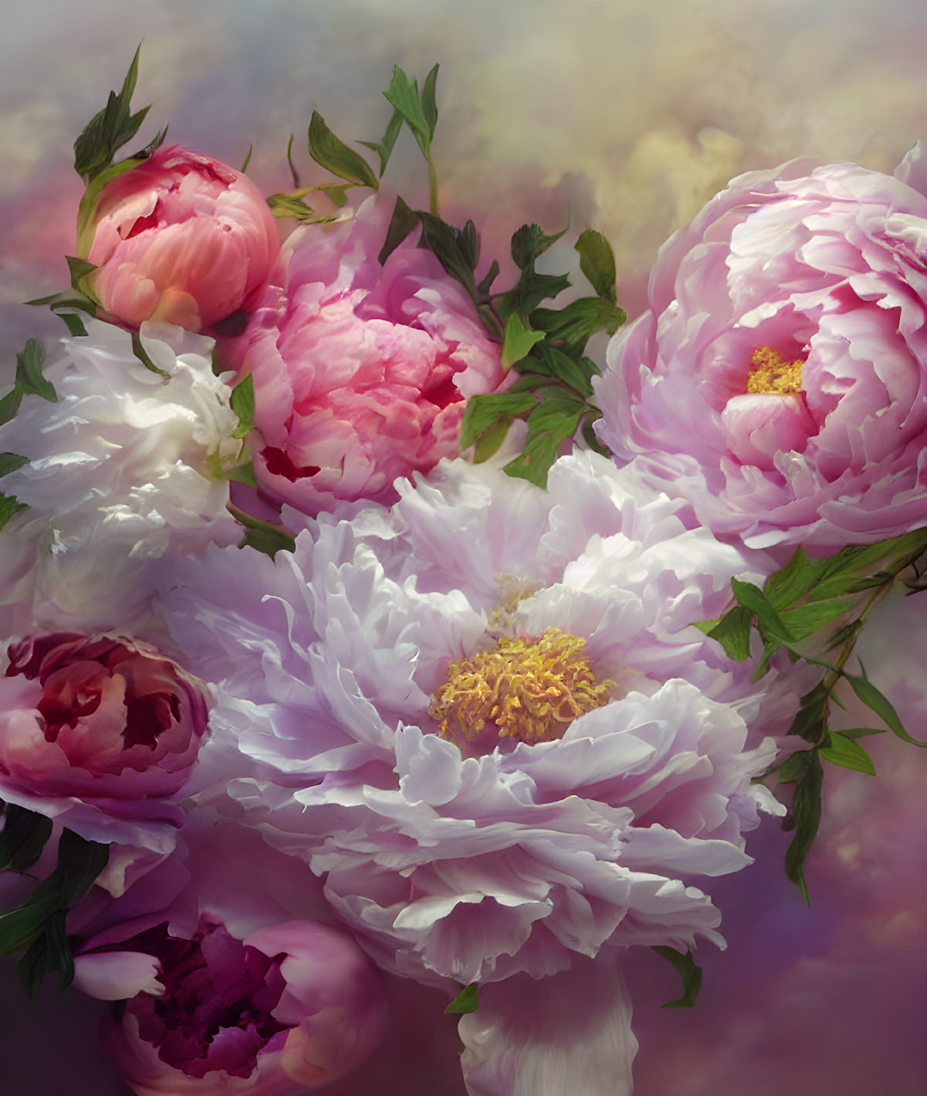 Vibrant pink and white peonies against dreamy background