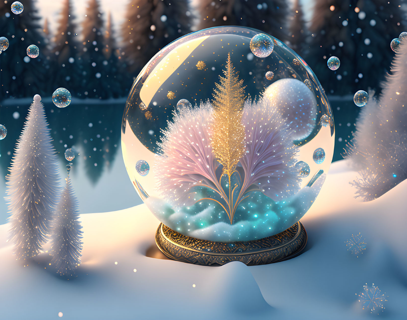 Snow Globe with Sparkling Tree in Winter Scene