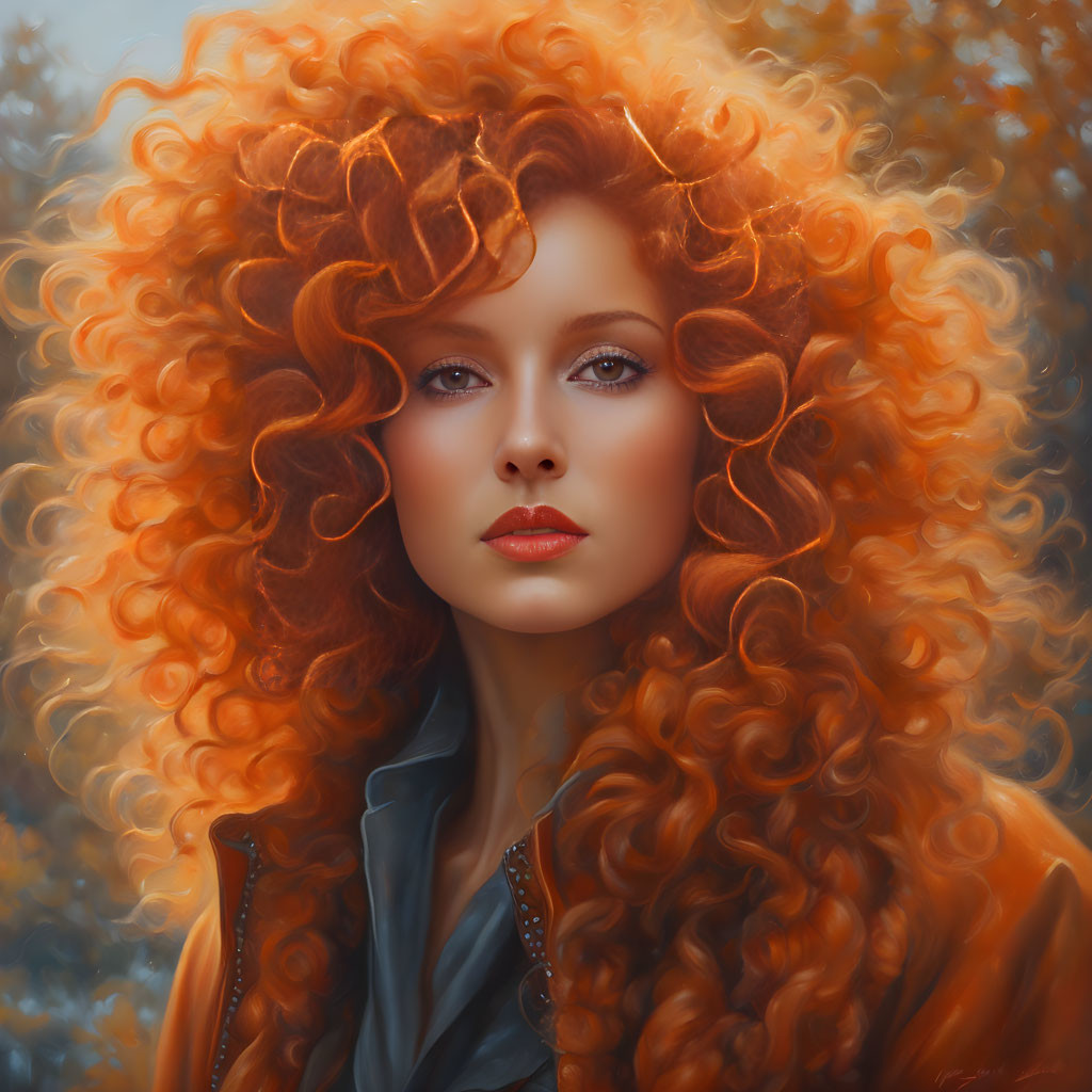 Voluminous Curly Red Hair Woman Portrait in Autumnal Background