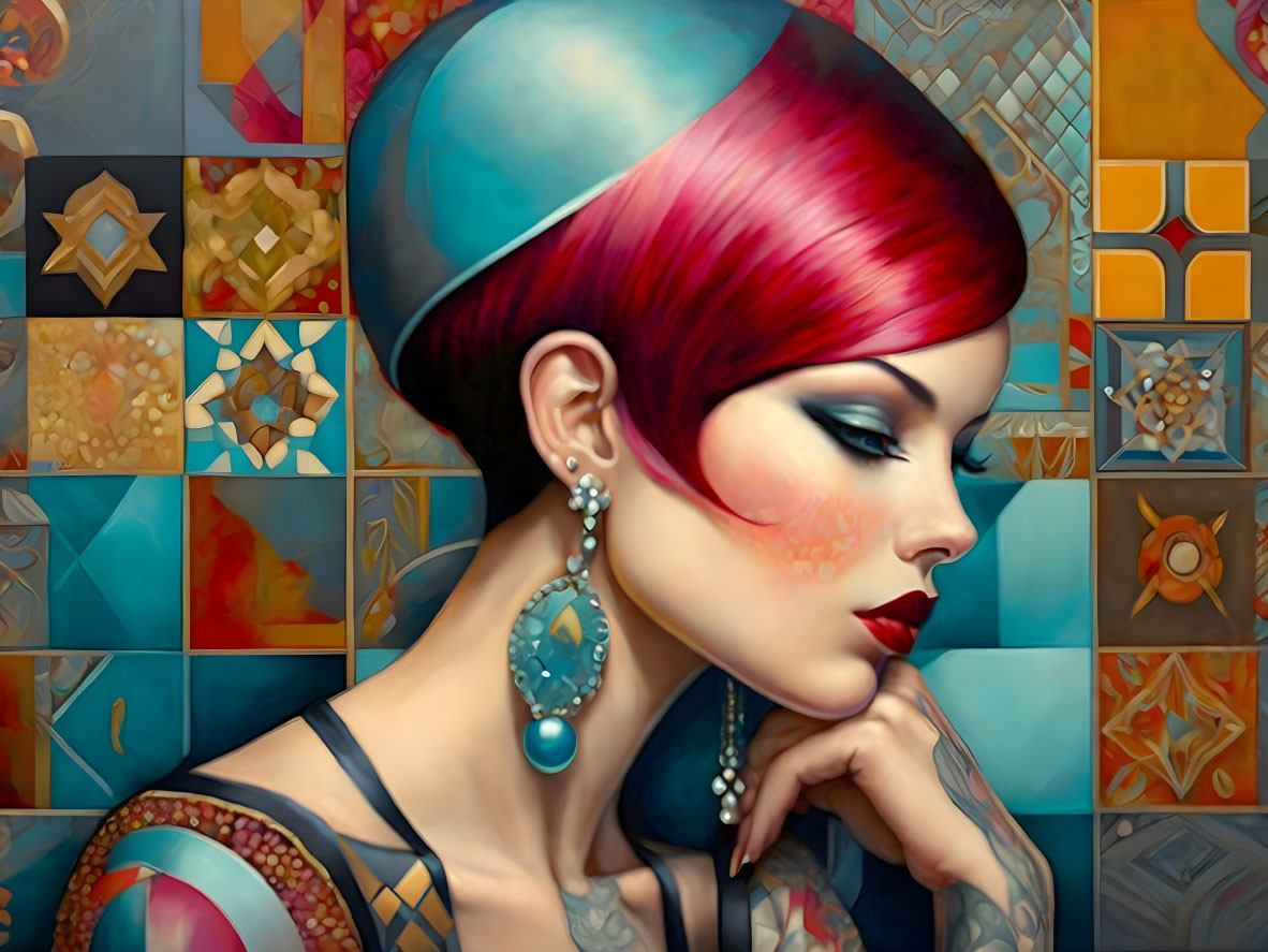 Vibrant red-haired woman with blue headscarf in mosaic tile setting