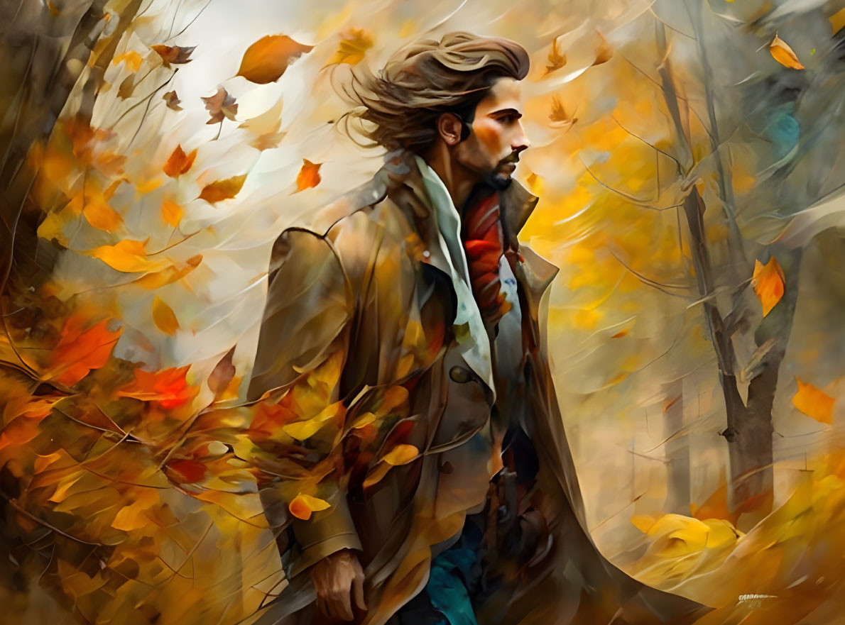 Man with flowing hair in autumn forest digital painting