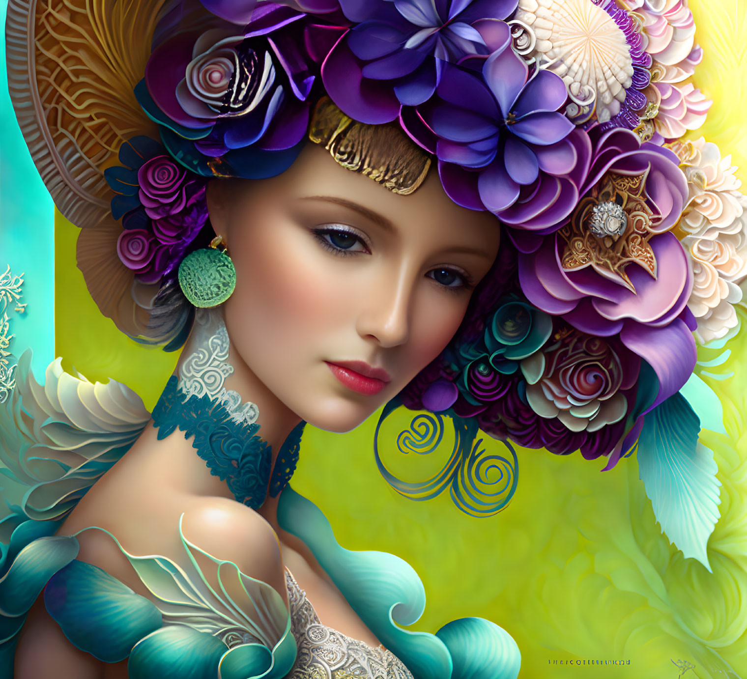 Digital Artwork: Woman with Floral Headdress and Body Art on Soft Background