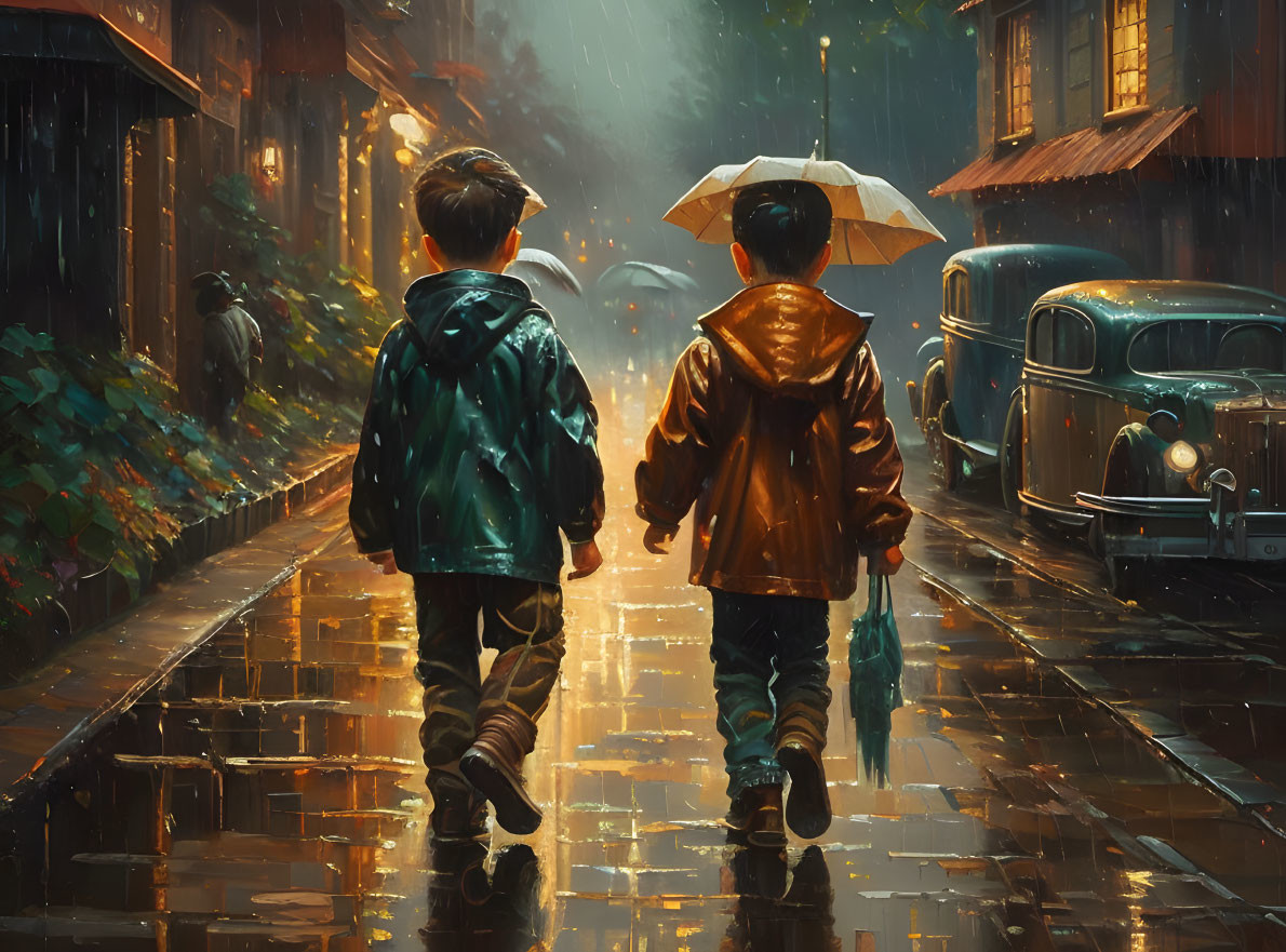 Children with umbrella walking in rain under streetlights near classic car