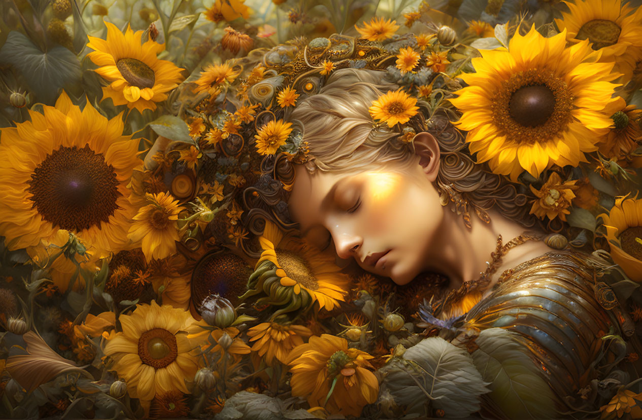 Person portrait with closed eyes, sunflowers, foliage, and floral crown