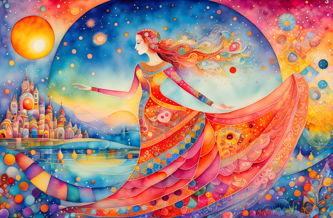 Colorful painting of woman in surreal landscape with orbs and sun