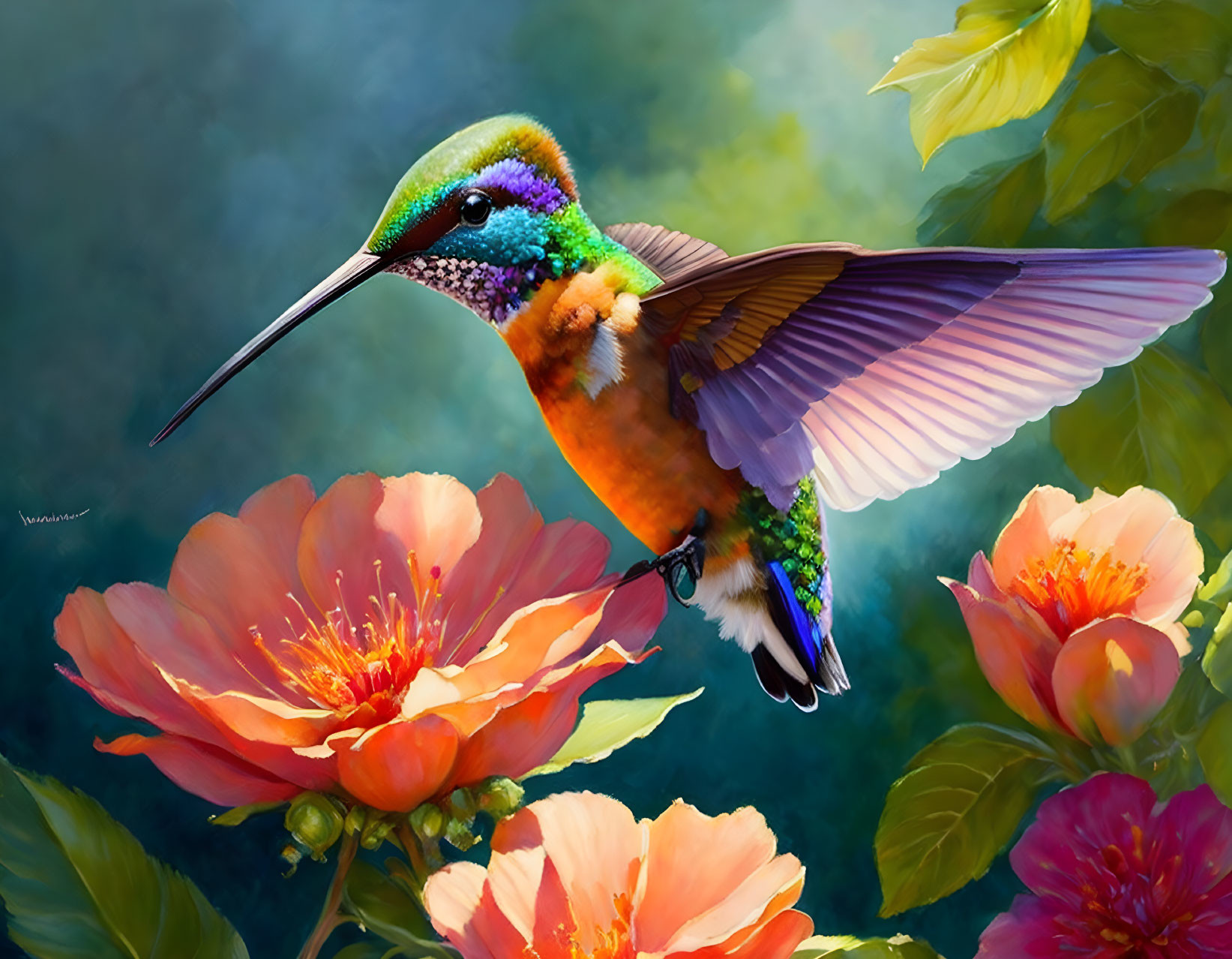 Colorful hummingbird near pink flowers on green backdrop