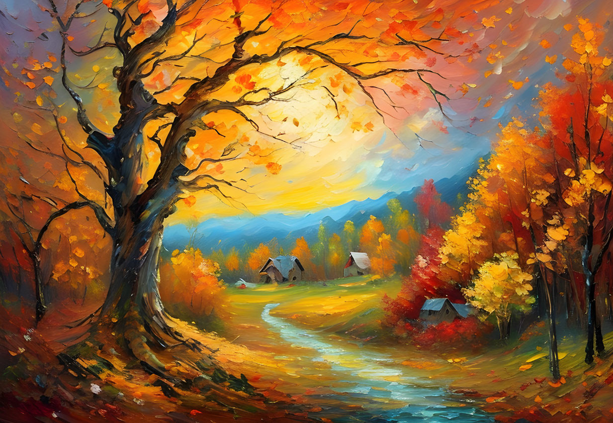 Colorful autumn landscape with large tree, river, cottages, and warm sky