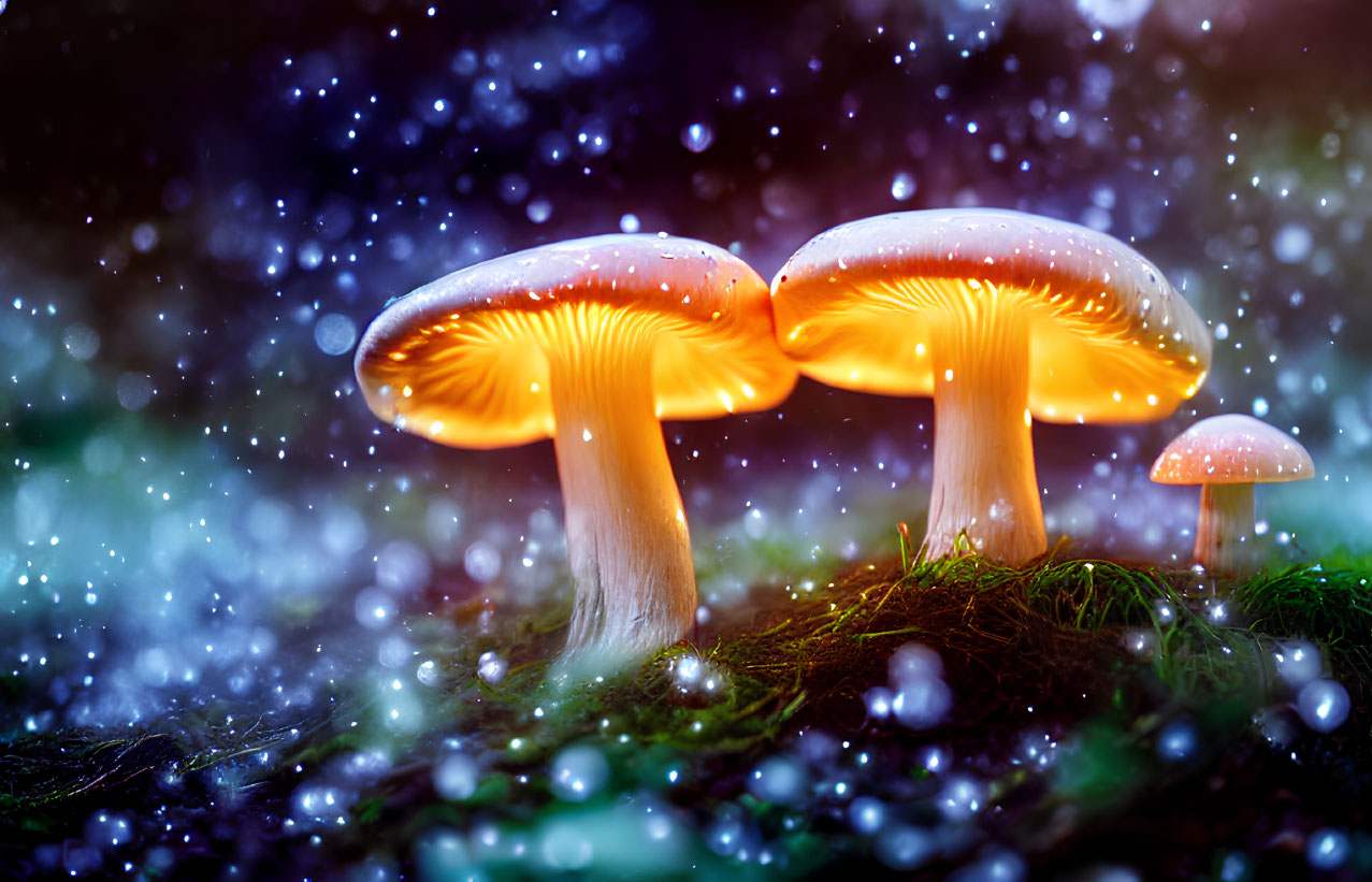 Bioluminescent mushrooms in mossy forest under starry sky